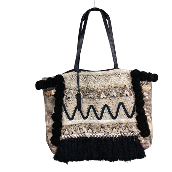 REBECCA MINKOFF Aztec Feel Beach Tote Shoulder Bag Black Beige Tweed Beaded - Picture 2 of 12